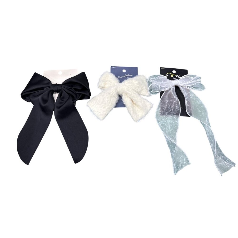 Set Of 3 Hair Bows Clips Black Satin, White Glitter Long Tail &  Ivory Furry Hai